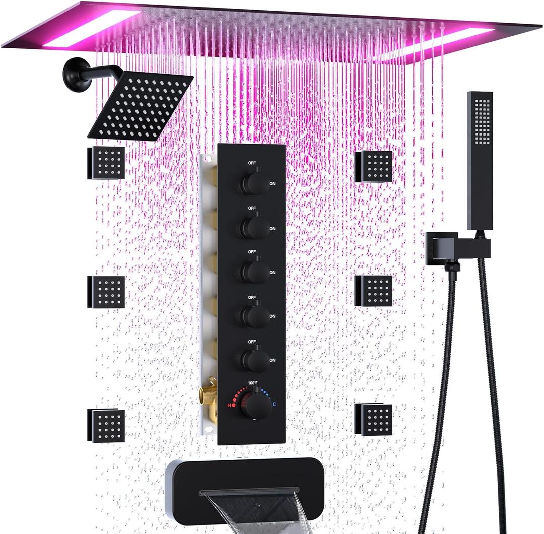 HOMEDEC 14x20inch and 6inch Shower Heads System with Bathtub Spout, 5 Way Diverter Valve, Handheld and 6 Body Jets Luxury Shower Set, Black