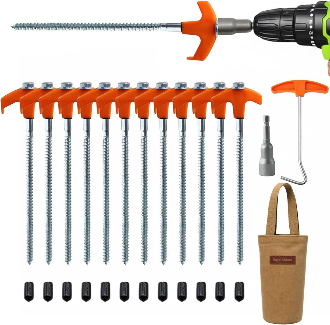 12-Pack Heavy Duty Screw-in Tent Stakes with Drill Adapter & Storage Bag, 8 Galvanized Ground Anchors for Camping, Canopy, Gazebo, Tents, Awnings, Trampolines & Outdoor Securing