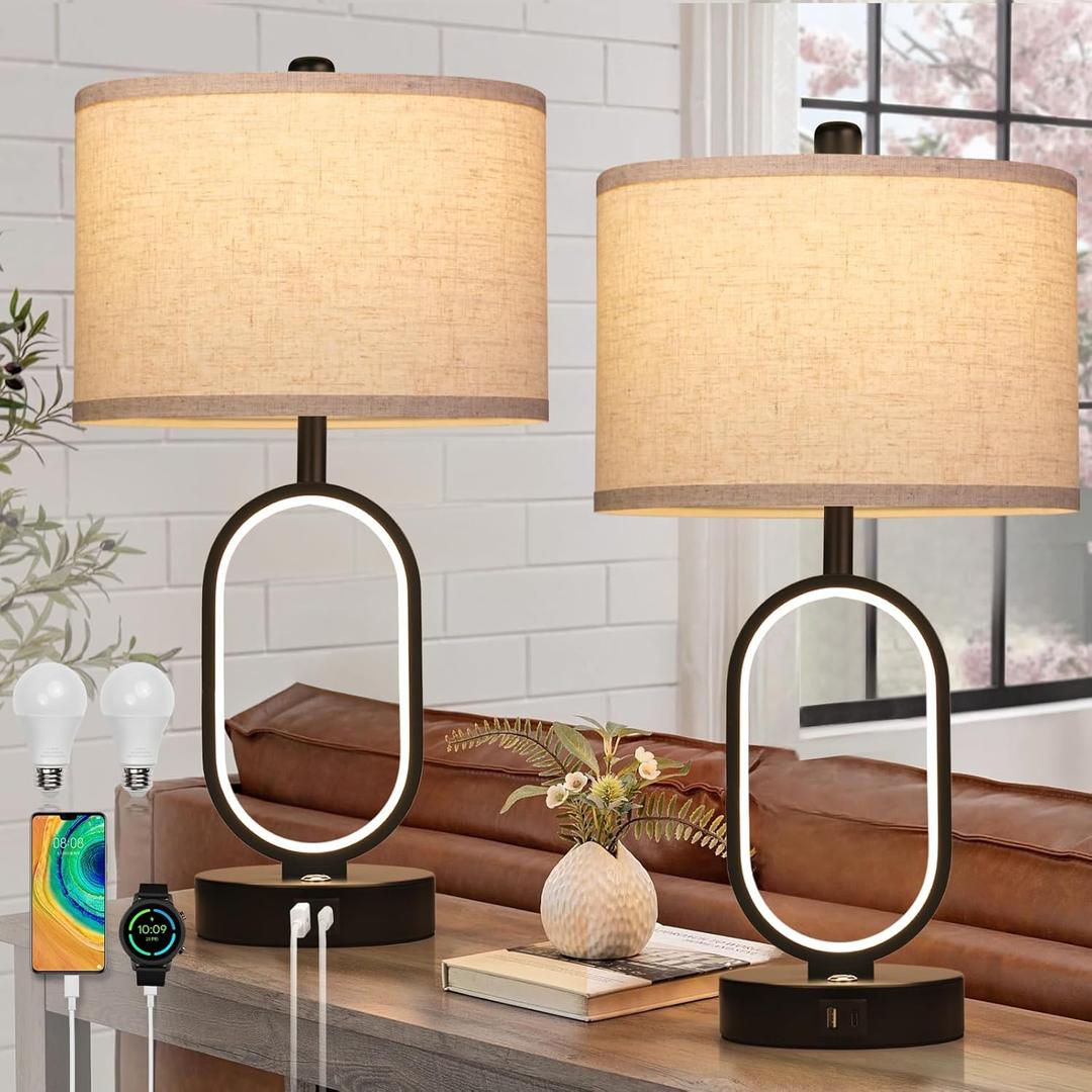 NITOWOLF 23" Bedside Lamps Set of 2, Farmhouse 3-Way Dimmable Touch Lamps for Nightstand, Built-in Night Light Bedside Table Lamp with USB A+C Ports, Black Table Lamp, LED Bulbs Included