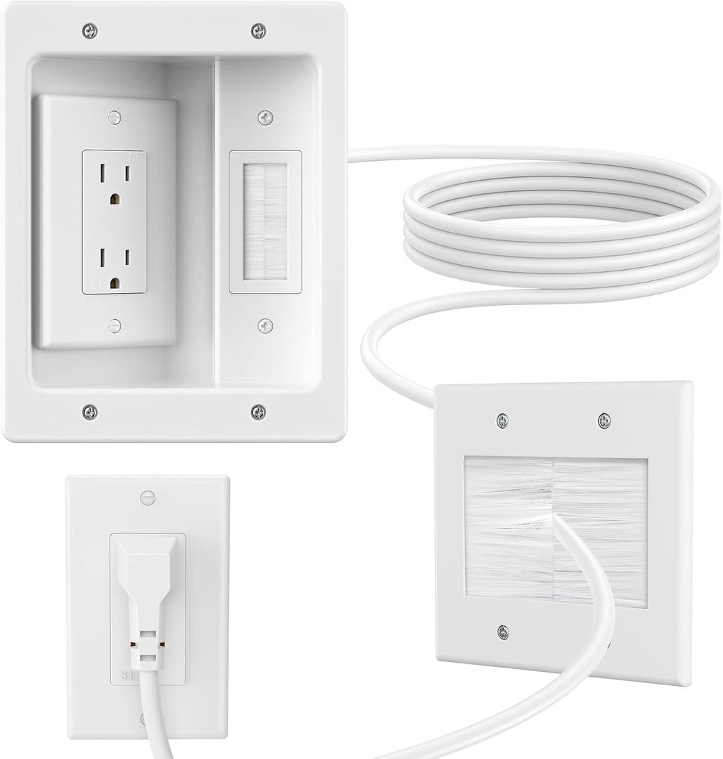 in Wall Cable Concealer Kit with Brush Wall Plate,Recessed Outlet Box,9ft Cord,2 Gang Pass Through Wire Hider for TV Cable Management,HDMI Cables and Home Theater Systems