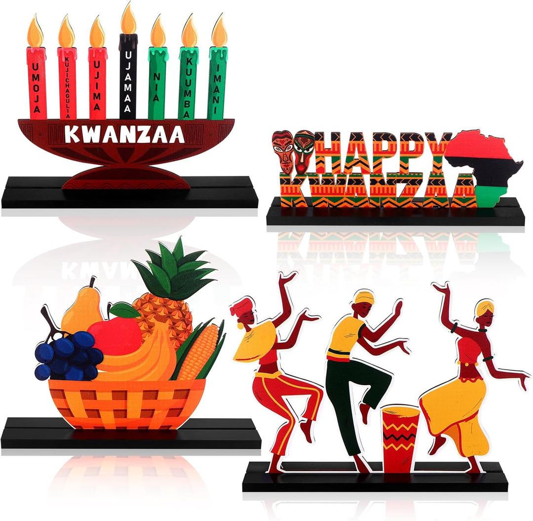 4Pcs Happy Kwanzaa Table Centerpiece Wooden Sign Table Topper Kwanzaa Kinara African Drum Fruit Table Signs Decorations for African Heritage Holiday Party Supplies