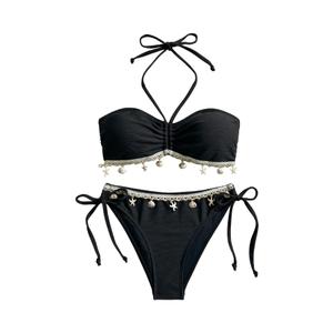 Floerns Women's Halter Bikini Sets Starfish Swimsuit Tie Side Thong Bathing Suit Black Small (S)