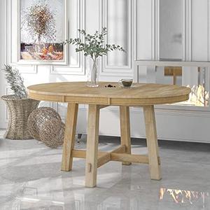 Ball & Cast Farmhouse Extendable Dining Table for 4-6, 42"-58" Extendable Kitchen-Table with a 16" Leaf, Round Ellipse Retro Wood Dining Room-Table w/Removable Leaves,Space Saving, Natural