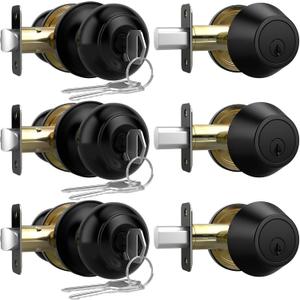 AEEKEL Exterior Door Knob with Lock and Key, 3 Pack Keyed Alike Entry Door Knob for Front Door Lock Set, Matte Black Exterior Door Knob and Single Cylinder Deadbolt Set