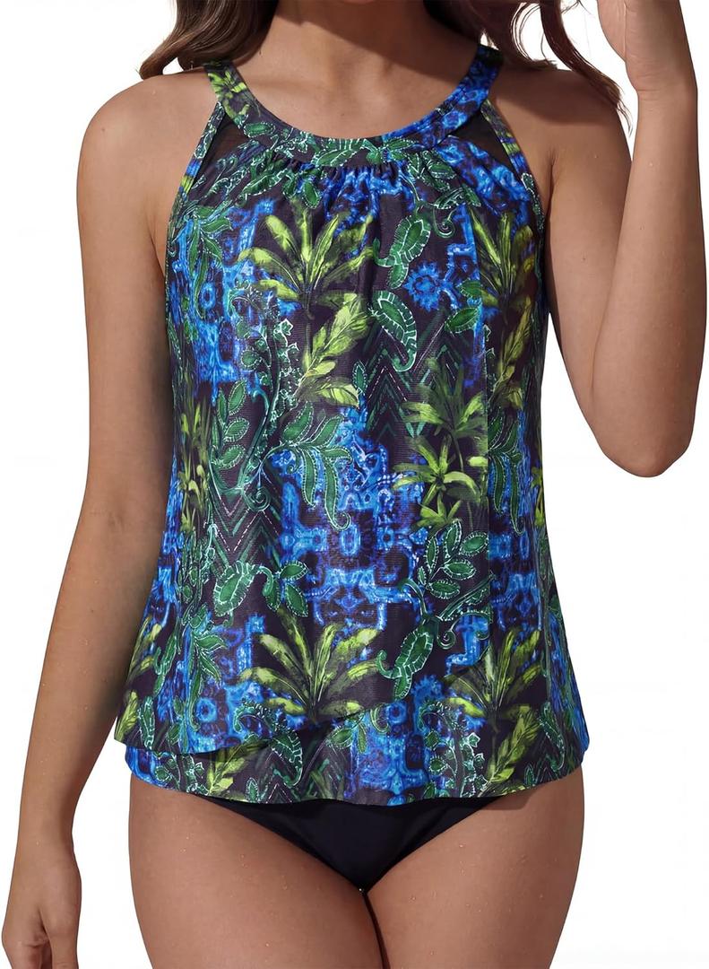 SUUKSESS Women Tummy Control Tankini Bathing Suit Ruffle High Waisted Swimsuit, X