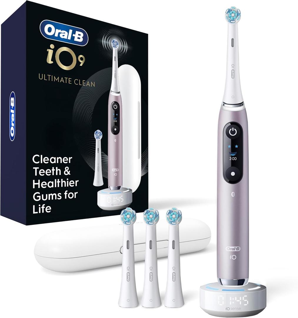 Oral-B iO Series 9 Limited Rechargeable Rose Quartz Electric Toothbrush with (2) Ultimate Clean and (1) Gentle Care Replacement Brush Heads, White, Travel Case-White and Charger