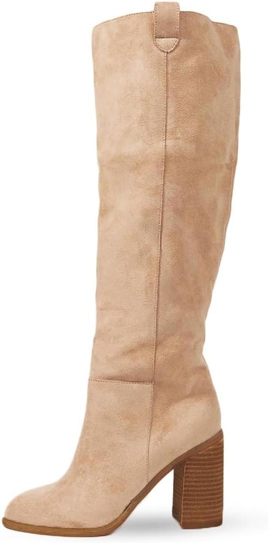 Erocalli Suede Knee-High Boots Fall Boot For Women Chunky Block High Heel Slouch Fashion Boot Round Toe Side Zipper (7.5, 1 Apricot)