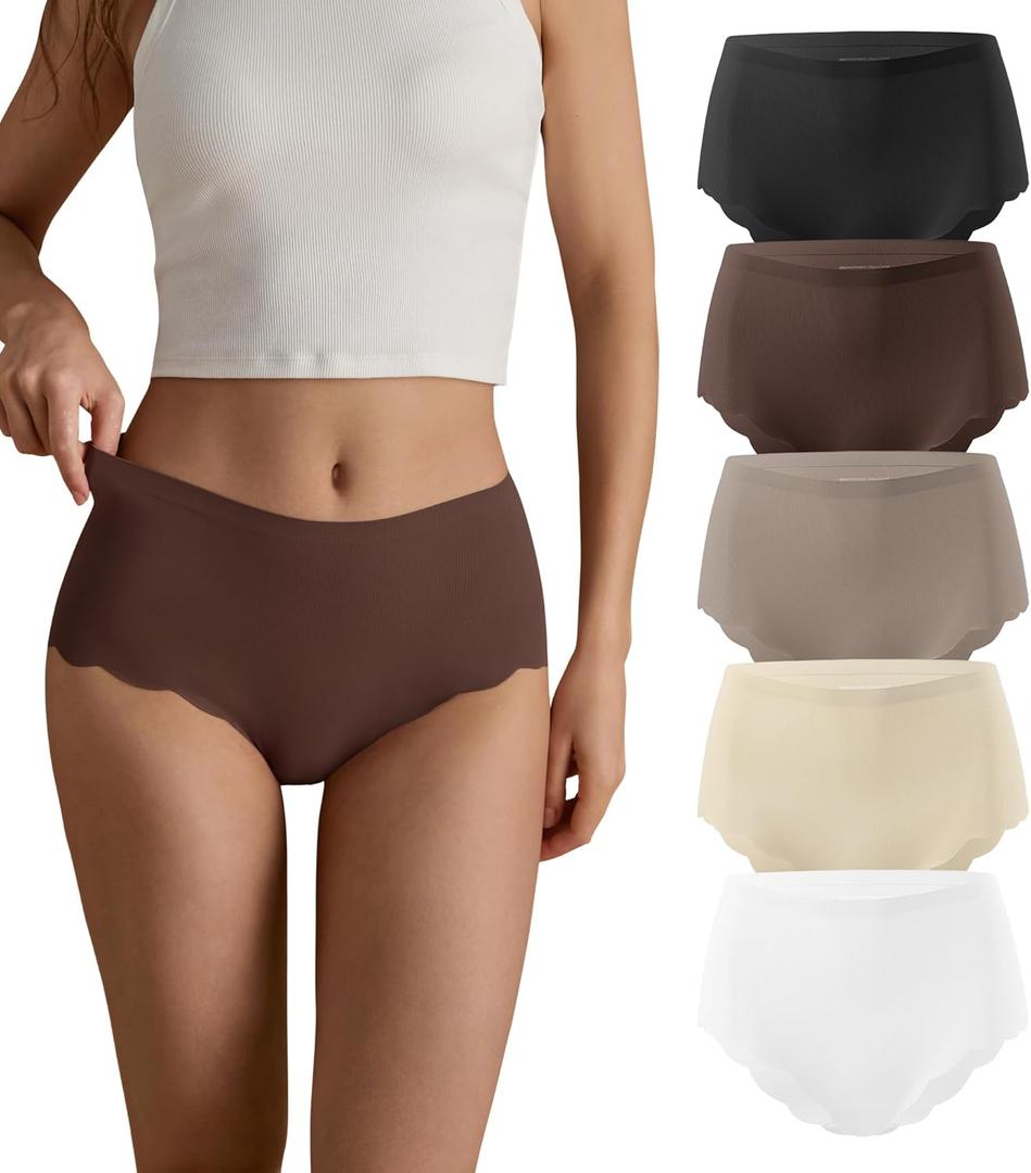 SHARICCA Seamless High Waisted Underwear for Women Cheeky Underwear Wave Edge No Show Bikini Panties Ribbed Panties Pack (Large, Black/Dark Brown/Deep Brown/Light Beige/White)
