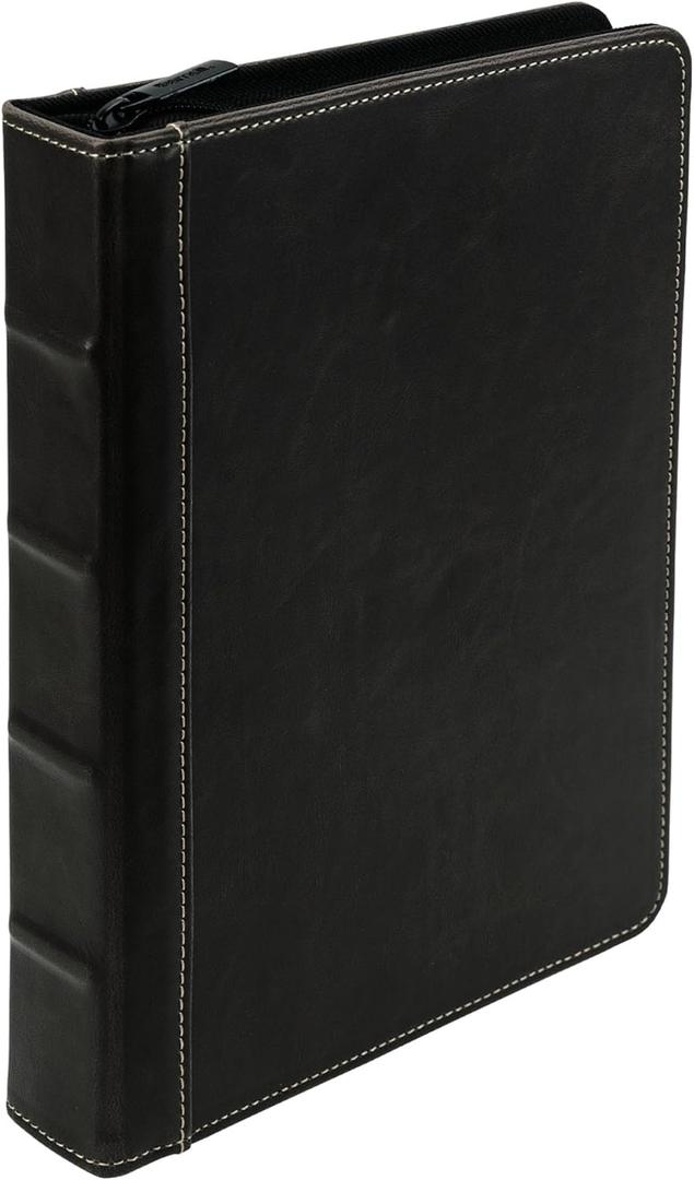 Samsill Vintage Leather Mini 3 Ring Zipper Binder, 1 Inch Round Ring Capacity (Holds 200 Sheets), 5.5 x 8.5 Inch Documents, Notebook Organizer, Planner, Black with Contrast Stitching