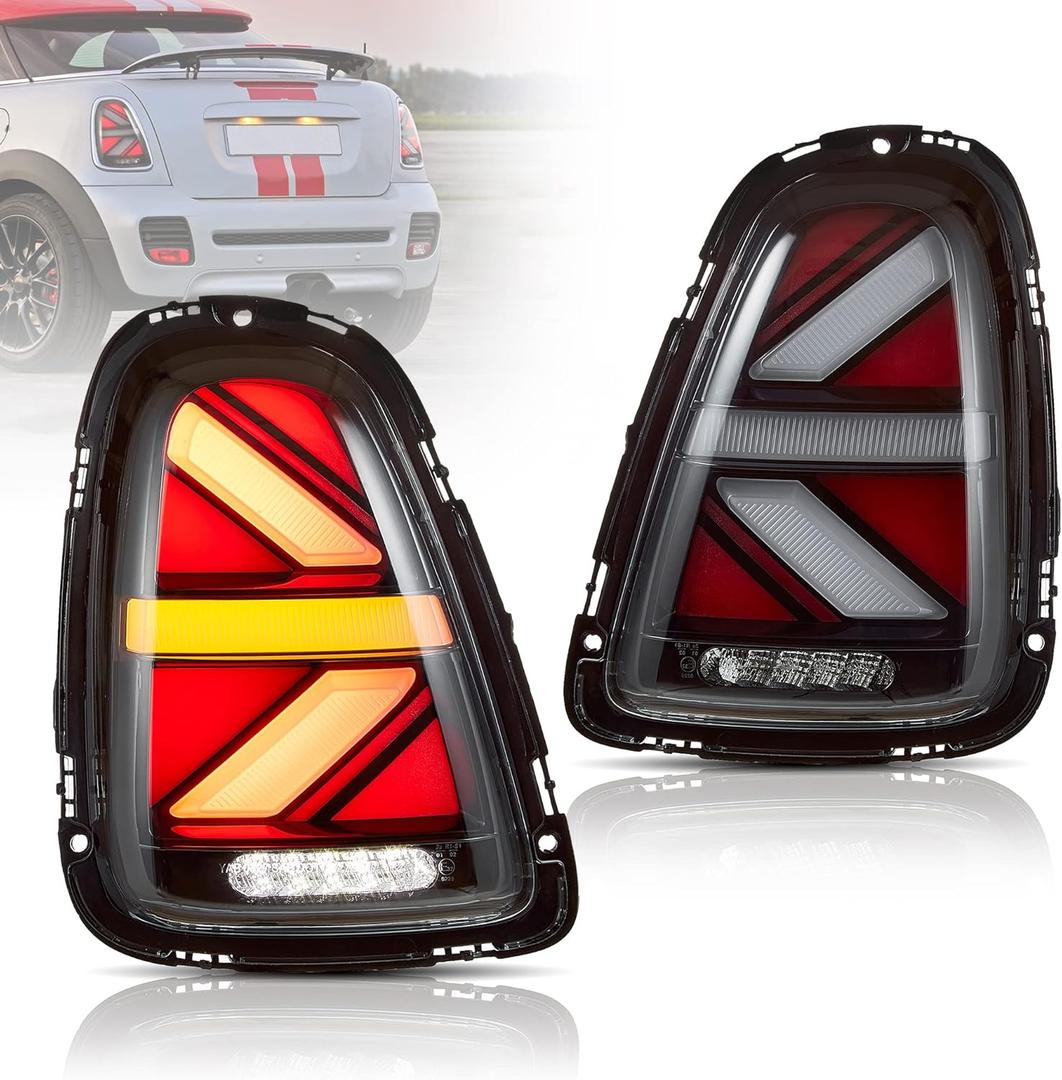 Union Jack Clear Tail Lights Fit For 2007-2013 BMW Mini Cooper R56 R57 R58 R59,W/Sequential Turn Signal & Dynamic DRL With Breath Effect, Rear Lamp assembly Replacement, 1 Pack