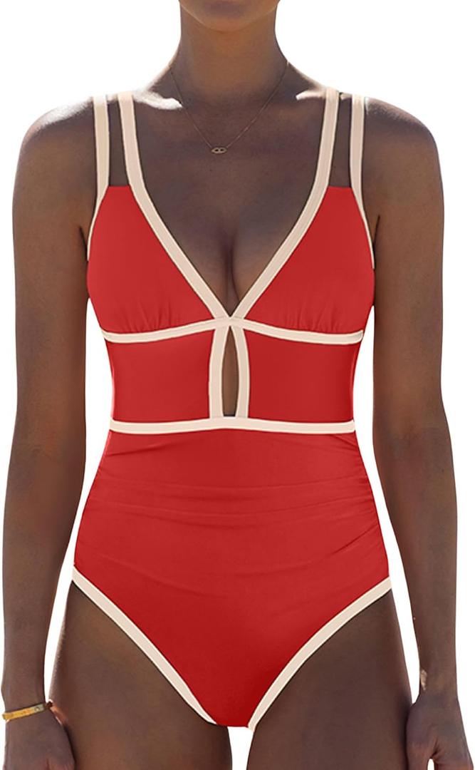 popvil Women One Piece Swimsuit 2026 Tummy Control Sexy Cutout Neon Color Block Bathing Suit Slimming Adjustable Swimwear (Red, XL)