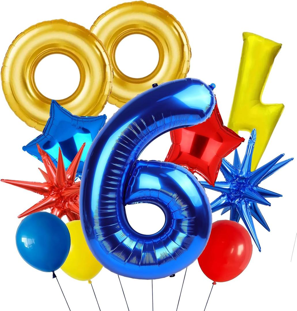 Cartoon Hedgehog 6th Birthday Decorations 40 Inch Blue Number 6 Foil Balloon Big Gold Ring Lightning Balloons Boom Star Role Playing Cartoon Carnival Theme Birthday Party Decoration 11Pcs