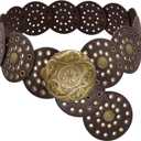 Wide Disc Belt for Women Boho Concho Leather Belts Vintage Western Waist Belt (101 cm, Coffee)