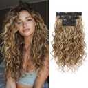 REECHO Curly Hair Extensions, 4PCS 16 inch Clip in Hair Extensions Lace Weft Short Curly Hair Extensions Clip Ins Invisible Natural Hairpieces for Women, Light Brown with Blonde Highlights
