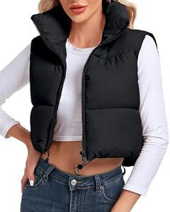 Cityork Women's Cropped Puffer Vest Sleeveless High Stand Collar Crop Outerwear Zip Up Warm Padded Gilet, XS