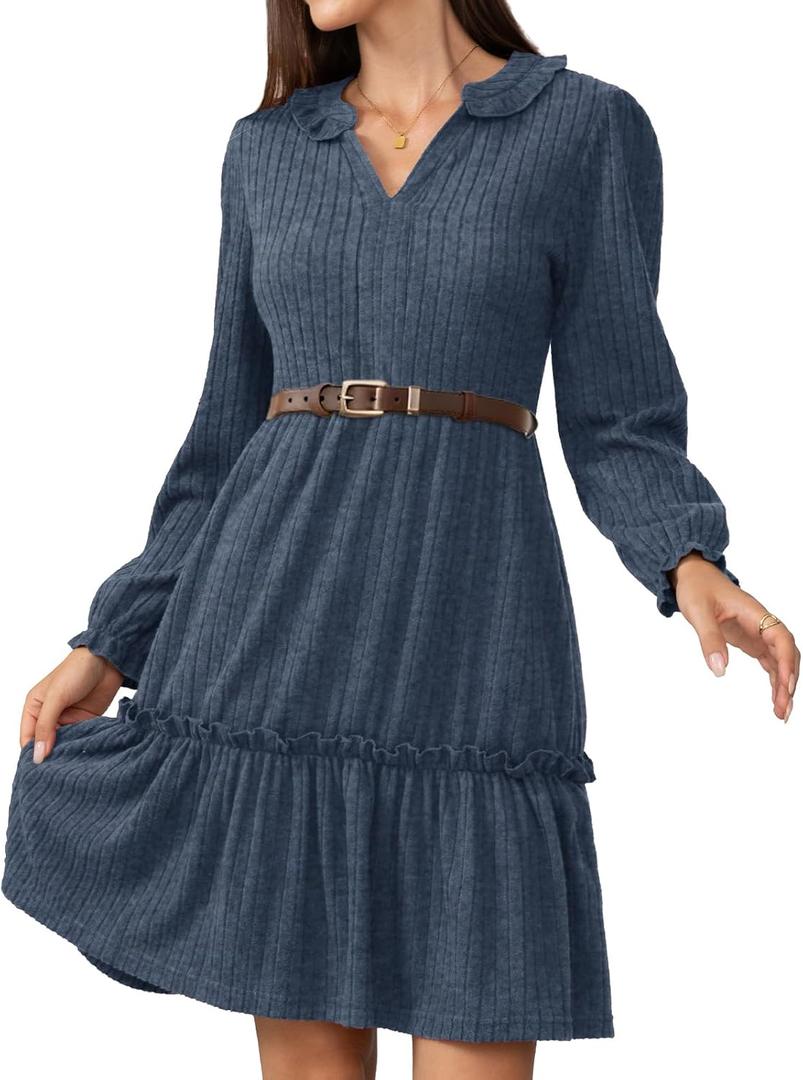 Jayscreate Women's Knit Ruffle Layered Dress Pocket 2025 High-Waisted Spring Fall V Neck Long Sleeve Business Work Dress (Large)