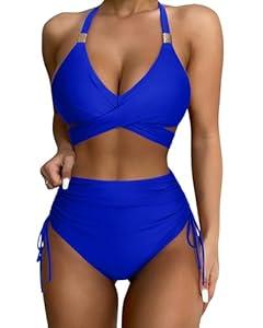 SUUKSESS Women's High Waisted Bikini Sets Tummy Control Drawstring Tie Knot Swimsuit 2025 Two Piece Wrap Push Up Bathing Suit(Royal Blue X-Large)