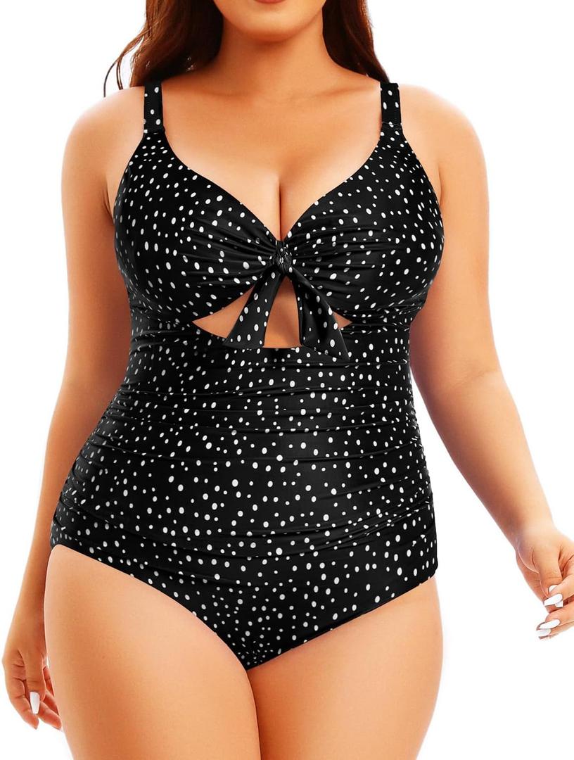 Aqua Eve Plus Size One Piece Swimsuit for Women Tummy Control Bathing Suit Cutout Swimwear (Black Dot, 16W)