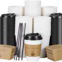 100 pack 12 oz Disposable Thickened Coffee Cups with Lids, Scald Resistant Hot Cup with Sleeve and Straw, To Go Coffee Cups for Home, Office, Cafes and Party (White 12oz)