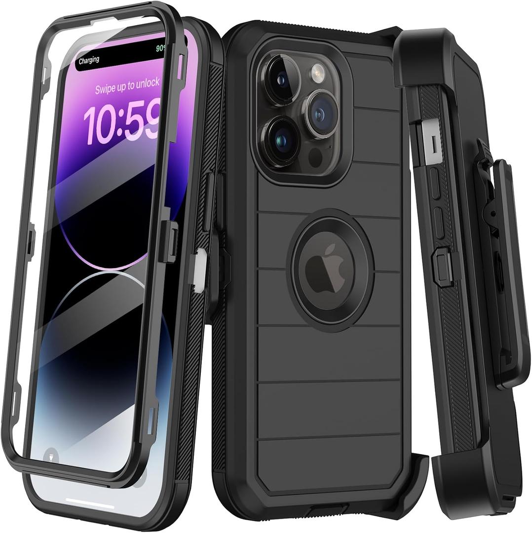 for iPhone 14 Pro Case with Belt Clip Holster,Built-in Screen Protector,Heavy Duty Shockproof Drop Protection Military Grade 3 Layers Full Covered Rugged Durable Phone Cover with Kickstand(Black)
