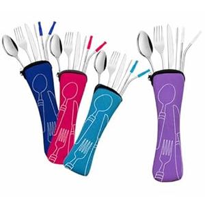 Travel Utensils Set with Case 4 Pack, Reusable Stainless Steel Portable Cutlery (Fork, Spoon, Knife, Straws & Cleaner) for Work, Dorm, Camping, Lunch Box, Compact Durable Silverware by Ecoberi