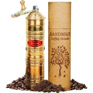 Sozen Hammered 7" Manual Coffee Grinder Brass  Hand Crank Burr Mill for Turkish Coffee, French Press, Espresso, Camping & Home Use  Portable Coffee Bean Grinder, Adjustable Conical Grinder