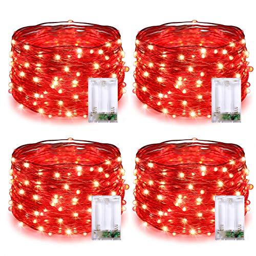 JMEXSUSS 4 Pack 50 LED Red Valentines Day Fairy Lights Battery Operated, 16.1ft Christmas Fairy Lights, Red String Lights for Bedroom Wedding Party Holiday Decorations