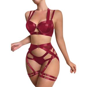 Lilosy Sexy Strappy Underwire Push Up Garter Belt Lingerie Set Harness Cutout Outfits Matching Bra Panty 3 Piece (Medium, Burgundy Red)