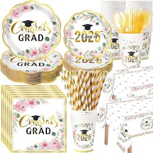 Funnymoom 452 Pcs Class of 2026 Pink Floral Graduation Decoration Party Supply for 50, Pink Gold Congrats Grad Paper Plates Napkins Cup Tablecloth Cutlery Straw for Freshly Graduated Decoration