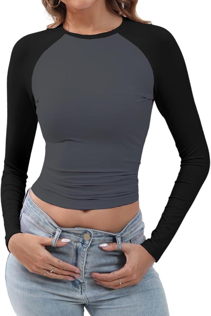 Abardsion Women's Long Sleeve Shirts Y2K Slim Fit Stretchy Slightly Crop Tops (Gray, S)