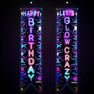 Tegeme 2 Pcs Glow in the Dark Party Supplies Neon Happy Birthday Banner Let's Glow Crazy Porch Sign for Black Light Themed Party Decorations Photo Booth Backdrop