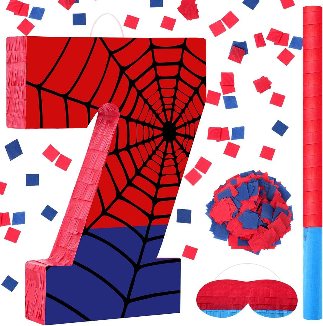 Simgoing Number 7 Spider Web Piñata Bundle with Blindfold Small Piñata for Kids Birthday Party Decoration Mexican Fiesta Cinco De Mayo Anniversary Celebration Gift, 15.75 x 11 x 2.8 In (Red Blue)