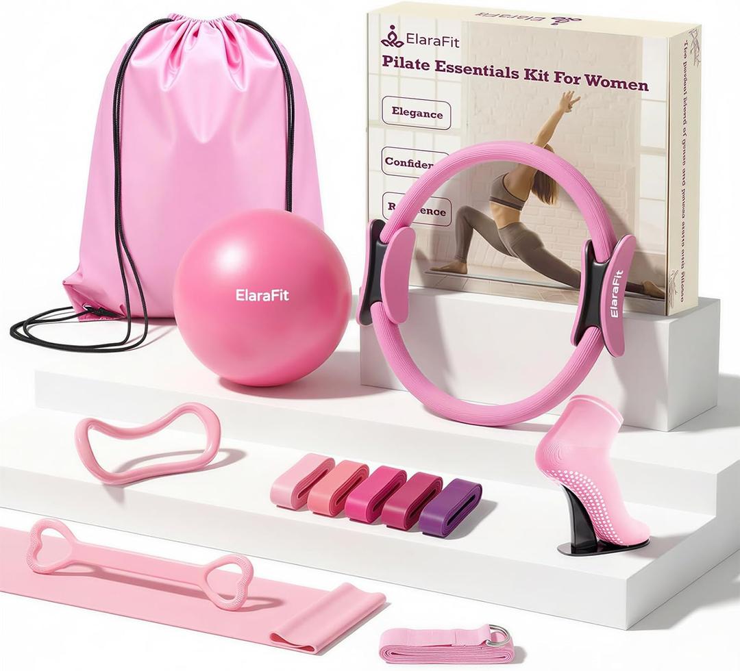 Home Pilates Ring and Ball Set for Women with 5 Resistance Bands 13 inch Magic Circle Workout Essentials Starter Kit for Beginners, Full Body Toning Shape Your Body with 15 Min Daily Routine (pink)