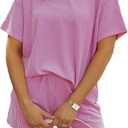 MARZXIN Women 2 Piece Shorts Set 2026 Casual Summer Cruise Outfits Ribbed Loose Short Sleeve Pocket Matching Lounge Sets (Pink, L)