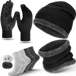 Winter Fleece Lined Beanie Hat Scarf Sock Touchscreen Gloves Set for Men Women (Multicoloured)