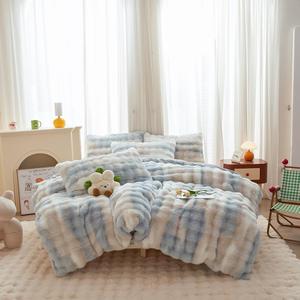 chovy Kids Girls Rabbit Plush Blue White Comforter Sets Queen - 3PC Faux Fur Bed Set Skin Friendly Soft Warm Velvet Flannel Fluffy Fuzzy BeddingComforter x 1 Pillowcases x 2