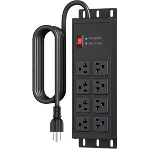 JUNNUJ Heavy Duty 20 Amp Surge Protector 4800J, Garage Metal 8 Outlets 12 Gauge, High Amp 5-15P Adapter Shop 6-20R T-Slot Industrial Outlet, 6 FT Extension Cord Commercial for Appliance (Black)