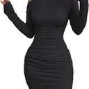 Acelitt Fall Off The Shoulder Dresses for Women 2025 Long Sleeve Ruched Bodycon Cocktail Party Mini Dress Black Medium