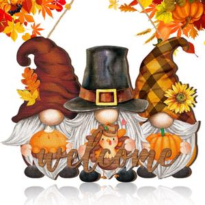 Huwena Thanksgiving Welcome Door Sign Harvest Turkey Gnome Wreaths Fall Hanging Sign Wood Vintage Autumn Decorations Rustic Pumpkin Wall Plaque with Rope for Farmhouse Porch Door(Pumpkin Gnome Style)