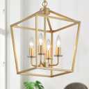 Industrial 4 Lights Chandelier, Gold Lantern Ceiling Light Fixtures with Rustic Metal Cage Adjustable Height Farmhouse Geometric Hanging Light for Kitchen Island, Dining Room, Entryway, UL Listed