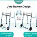 HOMENURSE Narrow Walkers for Seniors, Folding Walker with Skis and 5" Wheels for Small Spaces, Adjustable Width & Height, Aluminum Lightweight Standard Rolling Walker, Support Up to 350lbs, Blue