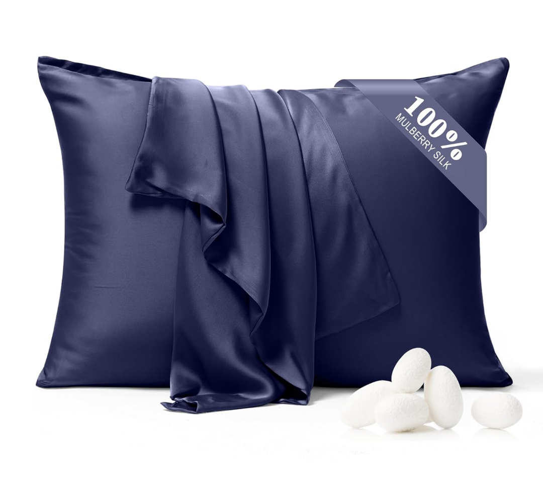 100% Pure Silk Pillowcase 2 Pack for Hair and Skin, Both Sides 23 Momme Grade 6A+ Mulberry Silk Pillowcases with Hidden Zipper, Soft&Smooth Cooling Pillow Cases (Navy Blue, King 20x36)
