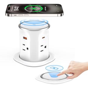 ANNQUAN Motorized Pop Up Countertop Receptacle with 15W Wireless Charger, Max 20W Power Delivery, 3.15" Automatic Pop Up Outlet, 4 Outlets, 4 USB 3FT Cord White