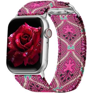 Compatible with Apple Watch Band for Women, Boho Fancy Nylon Band for Iphone Watch, Floar Hook Loop Bands for Women for iWatch, 42/43/44/45/46mm, Bohemia Pink Wind Chime 