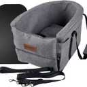 Kumdita' Center Console Car Seat & Carrier for Small Dogs & Cats with Dual Over-Seat Straps, Sewn-in Safety Leash & PE Board Base (Grey)