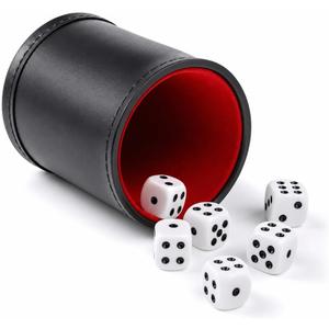 Felt Lined PU Leather Dice Cup Set with 6 Dot Dices (Black, Pack of 1)