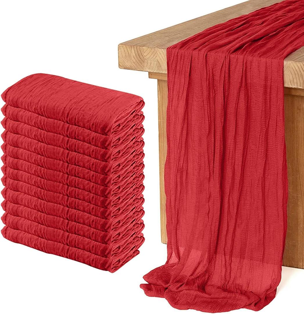 12 Pack Cheesecloth Table Runner 10Ft Christmas Gauze Boho Table Runners for Wedding Decor Bridal Shower Decorations Baby Shower Party (35" x 120")(Red)