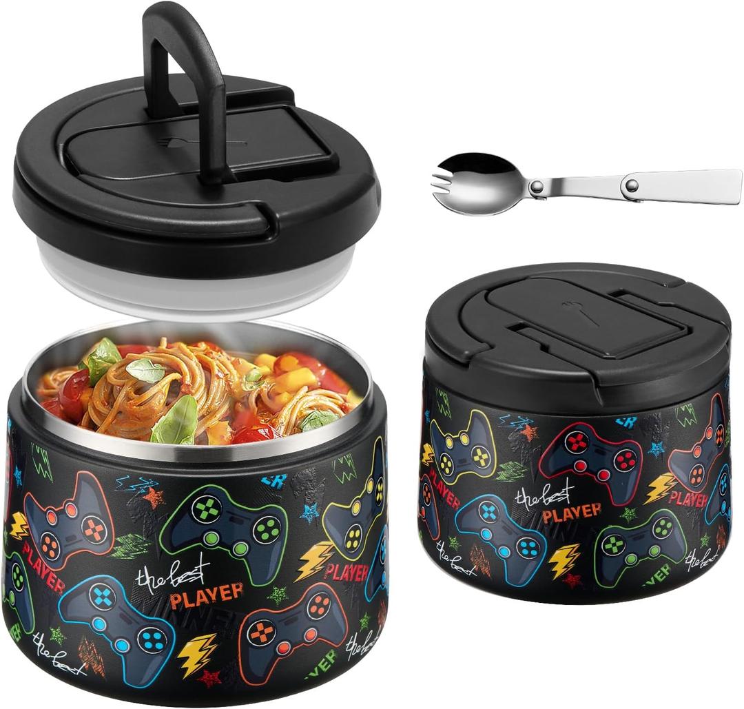 14oz Insulated Vacuum Food Jar with Buckle Lid,Soup Thermo for Hot Food Kids,Wide Mouth Leakproof Stainless Steel Lunch Container with Spoon-Black Game