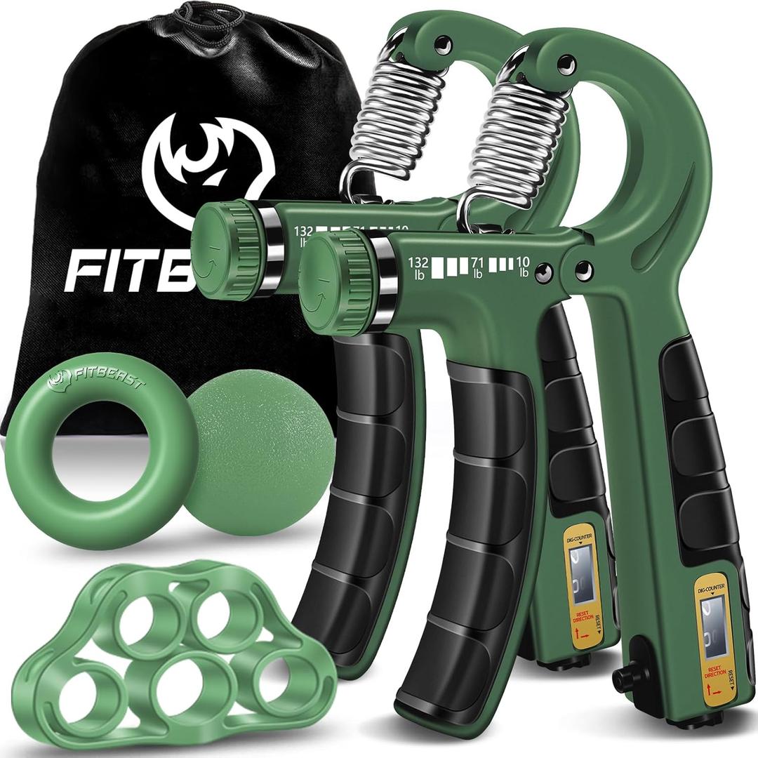FitBeast Hand Grip Strengthener Workout Kit (5 Pack), 2 Forearm Grip Adjustable Resistance Hand Gripper, Finger Stretcher, Grip Ring & Stress Relief Grip Ball for Athletes (Dark Green)