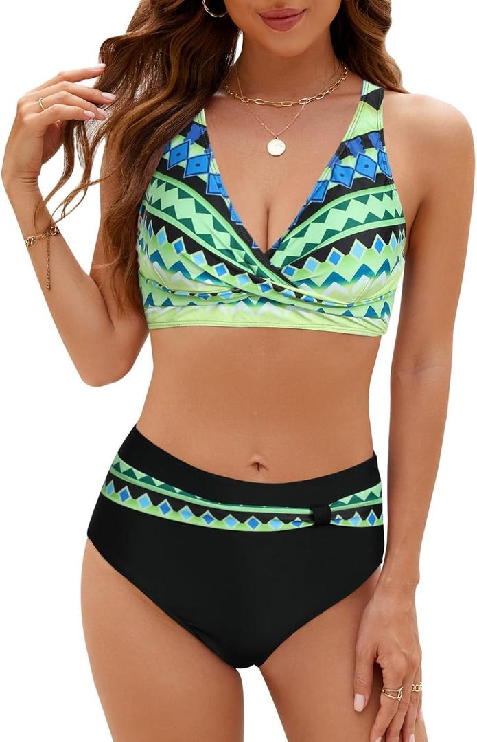 SEAFORM Womens Two Piece Swimsuits Wrap Front Bikini High Waisted Bottom Tummy Control Bathing Suits Vintage Print Swimwear (Small, Yellow)